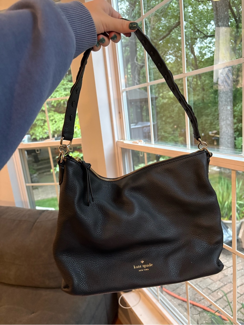 kate spade Black Pebbled Leather Hobo Shoulder Bag with Gold Hardware and braid